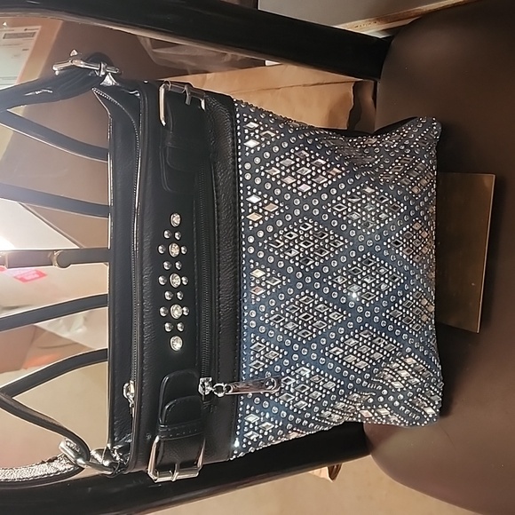 Black W/ Blue Stonewashed Denim Rhinestone Studded Shoulder Bag NWOT - Picture 2 of 11